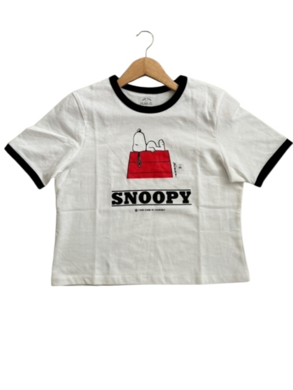 Peanuts White Ringer Tee with Black Trim and Red Graphic